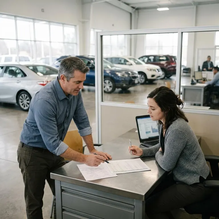 A dealership sales manager and marketing coordinator reviewing inventory priorities together